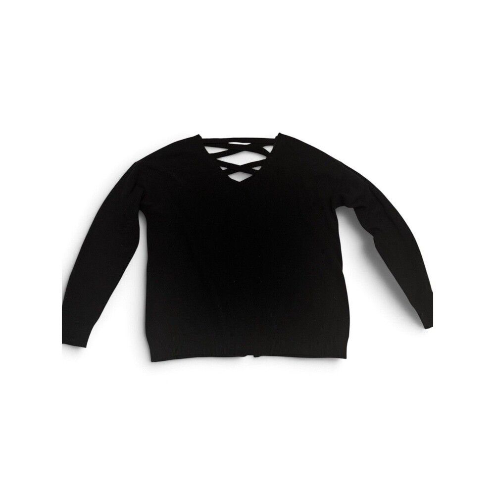 AQUA 100% Cashmere Black Crewneck Long Sleeve Sweater XS Criss-Cross Detail